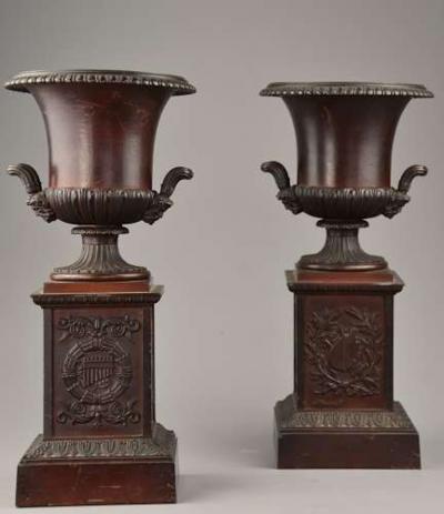 Pair of French late 19thc spelter campana urns on plinth bases