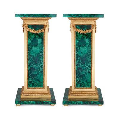 Pair of French malachite and ormolu pedestals