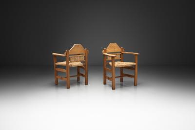 Pair of Geometric Armchairs with Woven Wicker Elements Europe Mid 20th Century