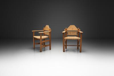 Pair of Geometric Armchairs with Woven Wicker Elements Europe Mid 20th Century