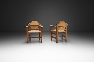 Pair of Geometric Armchairs with Woven Wicker Elements Europe Mid 20th Century