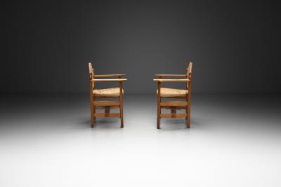 Pair of Geometric Armchairs with Woven Wicker Elements Europe Mid 20th Century