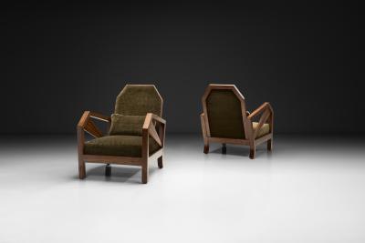 Pair of Geometric Art Deco Armchairs with Beech Frames France 1930s