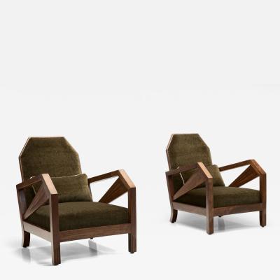 Pair of Geometric Art Deco Armchairs with Beech Frames France 1930s