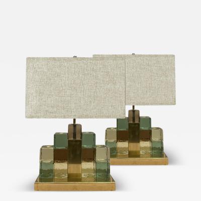 Pair of Geometric Murano Glass Interlocking Block and Brass Table Lamps