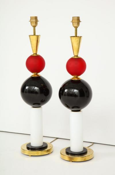 Pair of Geometric Red White and Black Murano Glass and Brass Lamps Italy
