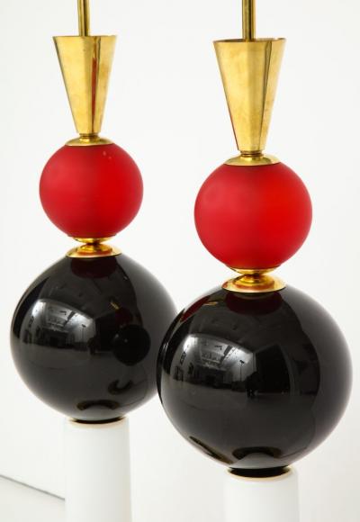 Pair of Geometric Red White and Black Murano Glass and Brass Lamps Italy