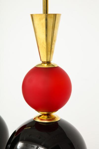 Pair of Geometric Red White and Black Murano Glass and Brass Lamps Italy
