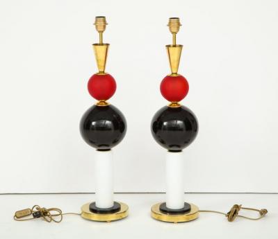 Pair of Geometric Red White and Black Murano Glass and Brass Lamps Italy
