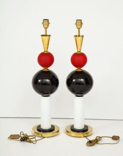 Pair of Geometric Red White and Black Murano Glass and Brass Lamps Italy