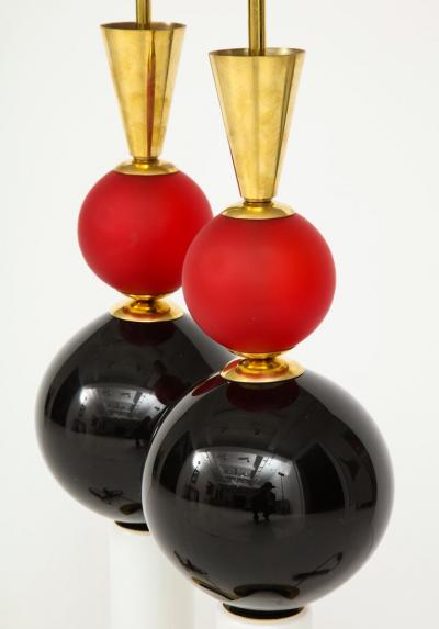 Pair of Geometric Red White and Black Murano Glass and Brass Lamps Italy