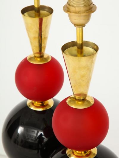 Pair of Geometric Red White and Black Murano Glass and Brass Lamps Italy