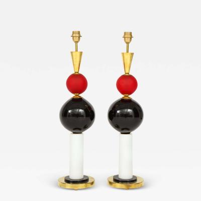 Pair of Geometric Red White and Black Murano Glass and Brass Lamps Italy