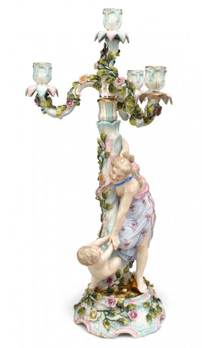 Pair of German Dresden Porcelain Candelabras with Lady and Child Figures