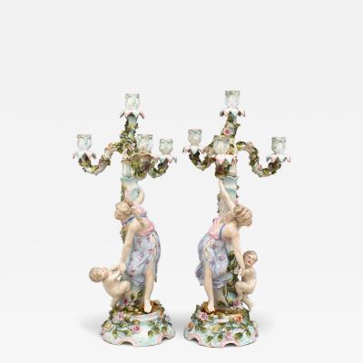 Pair of German Dresden Porcelain Candelabras with Lady and Child Figures