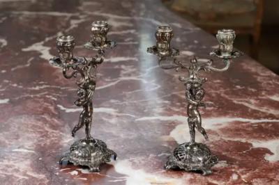 Pair of German Late 19th Century Jugendstil Silver Plated WMF Cherub Candelabras
