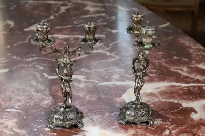 Pair of German Late 19th Century Jugendstil Silver Plated WMF Cherub Candelabras