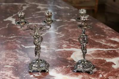 Pair of German Late 19th Century Jugendstil Silver Plated WMF Cherub Candelabras