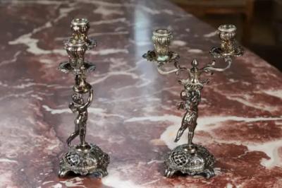 Pair of German Late 19th Century Jugendstil Silver Plated WMF Cherub Candelabras
