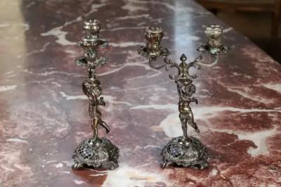 Pair of German Late 19th Century Jugendstil Silver Plated WMF Cherub Candelabras