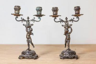 Pair of German Late 19th Century Jugendstil Silver Plated WMF Cherub Candelabras