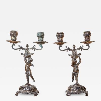 Pair of German Late 19th Century Jugendstil Silver Plated WMF Cherub Candelabras