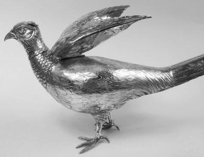 Pair of German Silver Spice Boxes in Form of Pheasants Birds