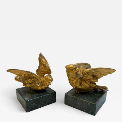 Pair of Gilded Bronze Bird Sculpture on Marble Base