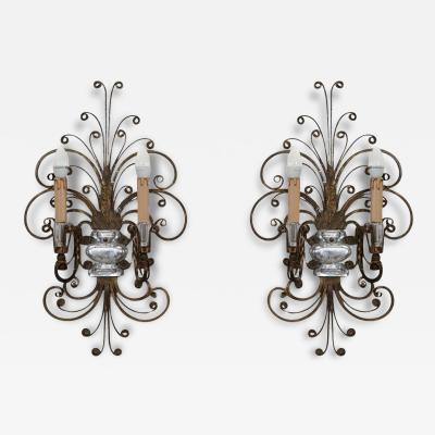 Pair of Gilded Iron and Crystal Sconces by Maison Bagu s 1950s