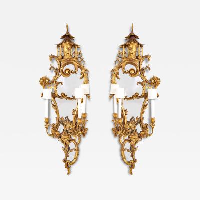 Pair of Gilded Rococo Three Arm English Sconces