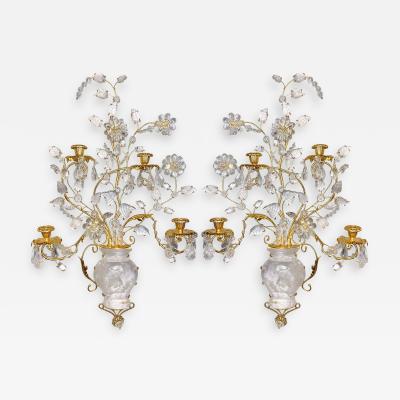 Pair of Gilt Bronze and Rock Crystal Four Light Sconces