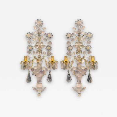Pair of Gilt Bronze and Rock Crystal two light Sconces with Florals