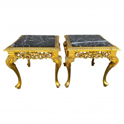 Pair of Giltwood Queen Anne Style Marble Top End Tables