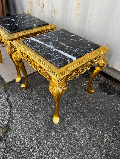 Pair of Giltwood Queen Anne Style Marble Top End Tables