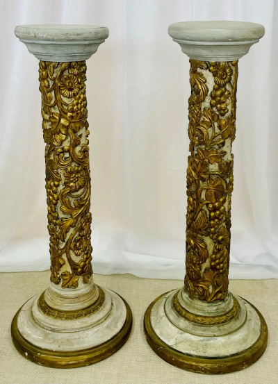 Pair of Giltwood and Paint Decorated Italian Columns Pedestals Gustavian Style