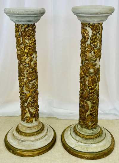 Pair of Giltwood and Paint Decorated Italian Columns Pedestals Gustavian Style