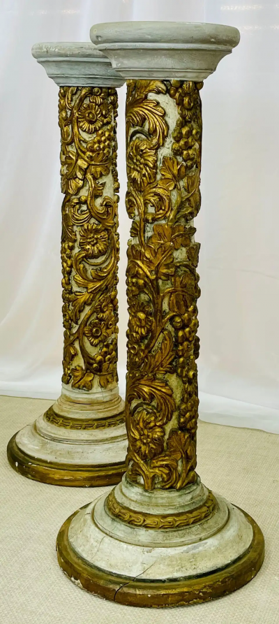 Pair of Giltwood and Paint Decorated Italian Columns Pedestals Gustavian Style