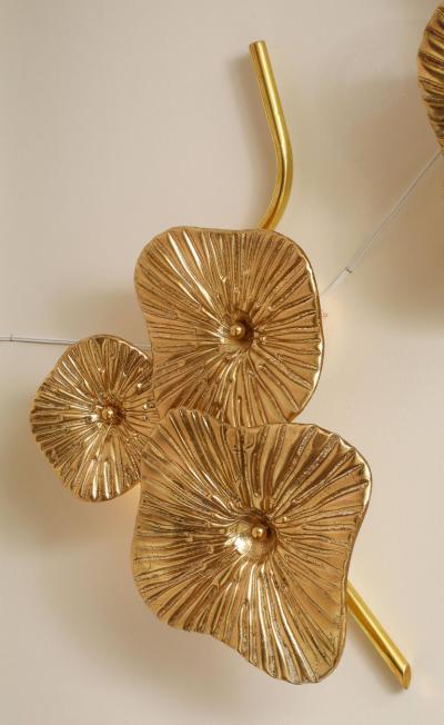 Pair of Gold Bronze Murano Flower Floral Glass and Brass Sconces Italy