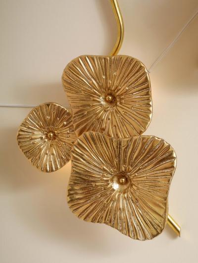 Pair of Gold Bronze Murano Flower Floral Glass and Brass Sconces Italy