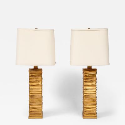 Pair of Gold Tone Metalic Column Lamps 