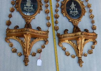 Pair of Golden Wood Wall Lamps Romantic Venice Console Garlands Mirrors