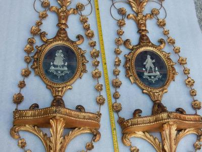 Pair of Golden Wood Wall Lamps Romantic Venice Console Garlands Mirrors
