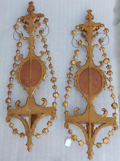 Pair of Golden Wood Wall Lamps Romantic Venice Console Garlands Mirrors