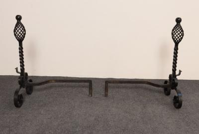 Pair of Gothic Revival Firedogs Andirons with Basket Twist and Scroll Motif