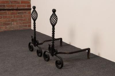 Pair of Gothic Revival Firedogs Andirons with Basket Twist and Scroll Motif
