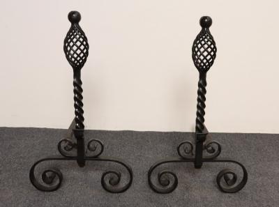 Pair of Gothic Revival Firedogs Andirons with Basket Twist and Scroll Motif