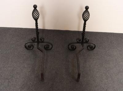 Pair of Gothic Revival Firedogs Andirons with Basket Twist and Scroll Motif