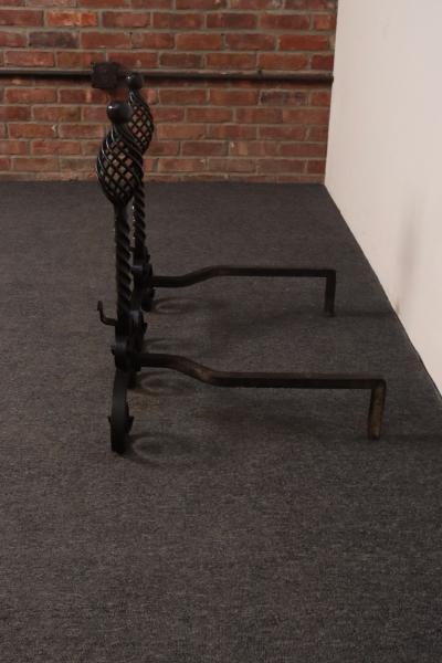 Pair of Gothic Revival Firedogs Andirons with Basket Twist and Scroll Motif
