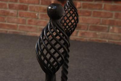Pair of Gothic Revival Firedogs Andirons with Basket Twist and Scroll Motif