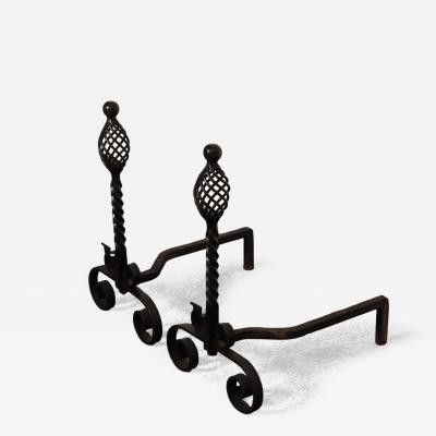 Pair of Gothic Revival Firedogs Andirons with Basket Twist and Scroll Motif